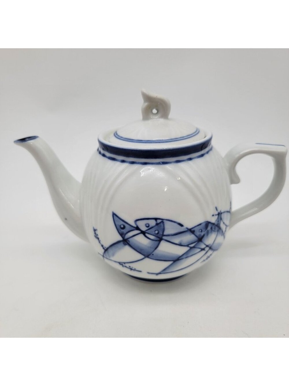 Vintage Fine Porcelain Teapot With Hand-Painted Blue Fish Design & Ornate Lid